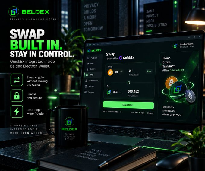A promotional image for Beldex's 'SWAP BUILT IN' feature showing the Beldex Electron Wallet interface on a laptop screen with a branded mug nearby.
