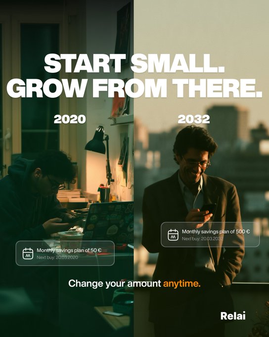 Advertisement for 'Relai' financial app showing a split-screen comparison of a young man at a desk in 2020 and a smiling businessman in 2032, with text 'START SMALL. GROW FROM THERE.' and 'Monthly savings plan of 50 €'.