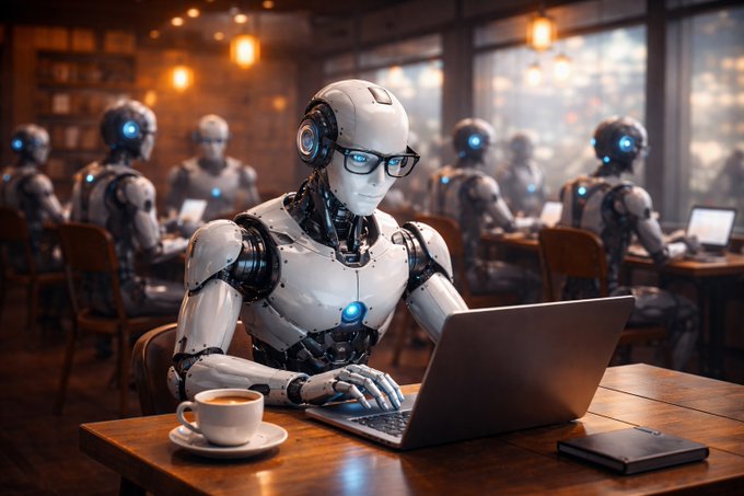 The image features a robot sitting at a table with a laptop, surrounded by other robots. The scene takes place in an office setting where multiple robots are working together or interacting with each other. There's also a cup of coffee placed on the table next to the laptop. The image seems to be related to the post about cryptocurrency and AI agents, as it shows a group of robots collaborating in an office environment.
