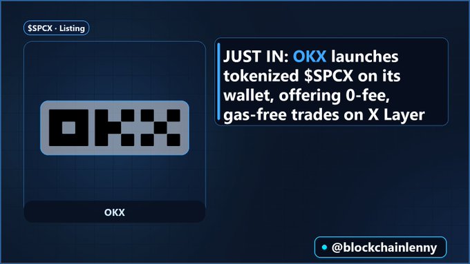 An announcement graphic stating 'JUST IN: OKX launches tokenized $SPCX on its wallet, offering 0-fee, gas-free trades on X Layer' with the OKX logo and credit to @blockchainlenny.