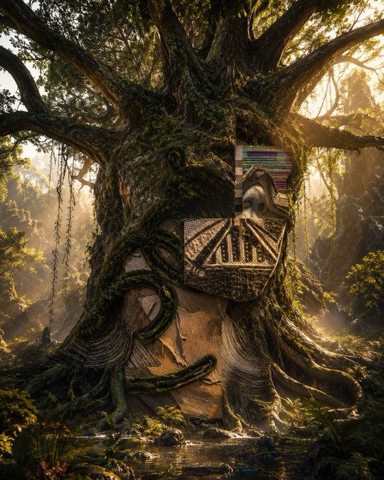 A massive, ancient tree draped in vines and moss stands in a sunlit forest, with a large rock formation carved into its base resembling a temple entrance and a small stream in the foreground.