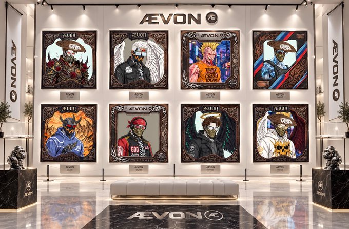 An Aevon gallery space features eight framed artworks of various masked or helmeted characters in a modern interior with marble floors.