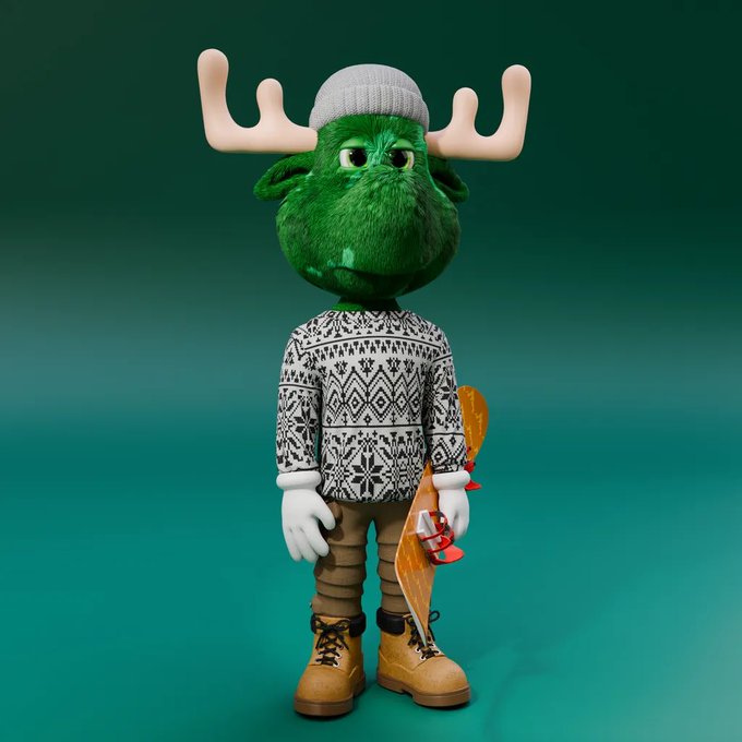 A designer art toy figure of a green moose character wearing a gray beanie, patterned sweater, brown pants, and work boots while holding a skateboard.