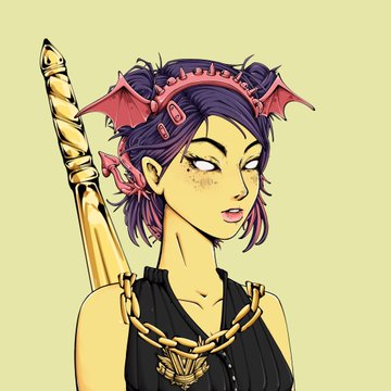 A cartoon-style portrait of a character with purple hair, small red demon wings, and a gold chain necklace, holding a staff against a plain green background.