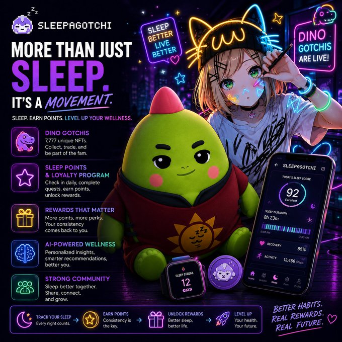 Promotional graphic for 'SLEEPAGOTCHI' with the tagline 'MORE THAN JUST SLEEP. IT'S A MOVEMENT,' featuring a green dinosaur-like mascot, an anime character, and a phone showing a sleep score of 92, along with features like 'DINO GOTCHIS' and 'AI-POWERED WELLNESS.'