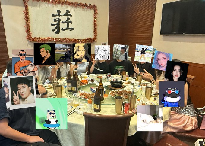 A group of people sit around a circular dining table in a Chinese restaurant, their faces obscured by various anime characters and celebrity photo stickers, with Chinese characters on the wall behind them.