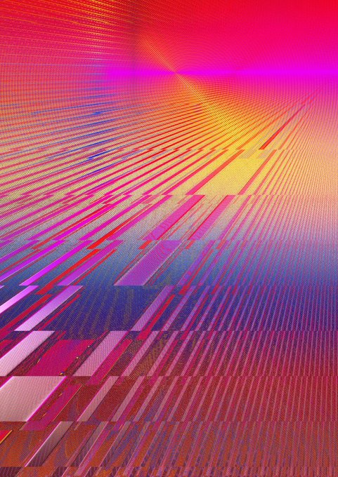An abstract digital artwork featuring a vibrant gradient of red, pink, magenta, blue, and yellow with a textured, grid-like pattern of overlapping lines and geometric shapes.