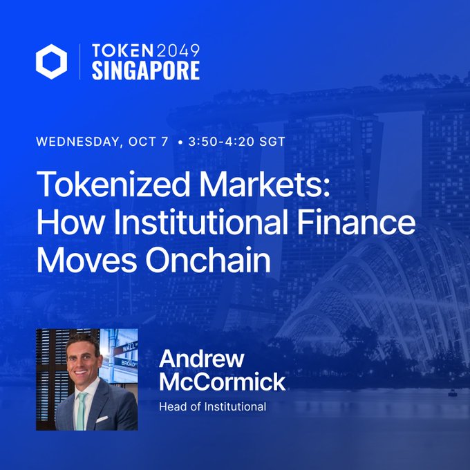 The image is a promotional graphic for TOKEN2049 Singapore featuring a photo of speaker Andrew McCormick, Head of Institutional, with event details reading "Wednesday, Oct 7 • 3:50-4:20 SGT" for his panel titled "Tokenized Markets: How Institutional Finance Moves Onchain." It aligns with the post announcing Andrew McCormick's appearance at the Chainlink-sponsored TOKEN2049 event.