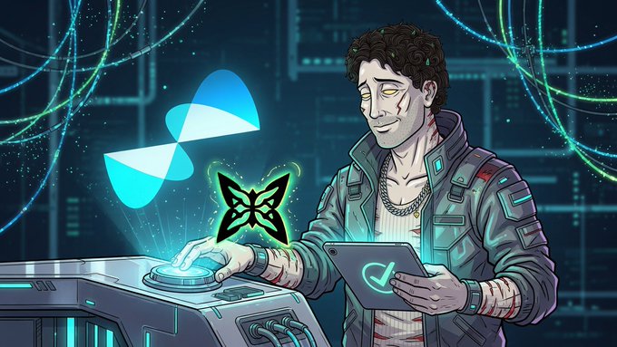 Stylized cyberpunk illustration of a character interacting with a glowing console displaying the Sui logo and a butterfly emblem.