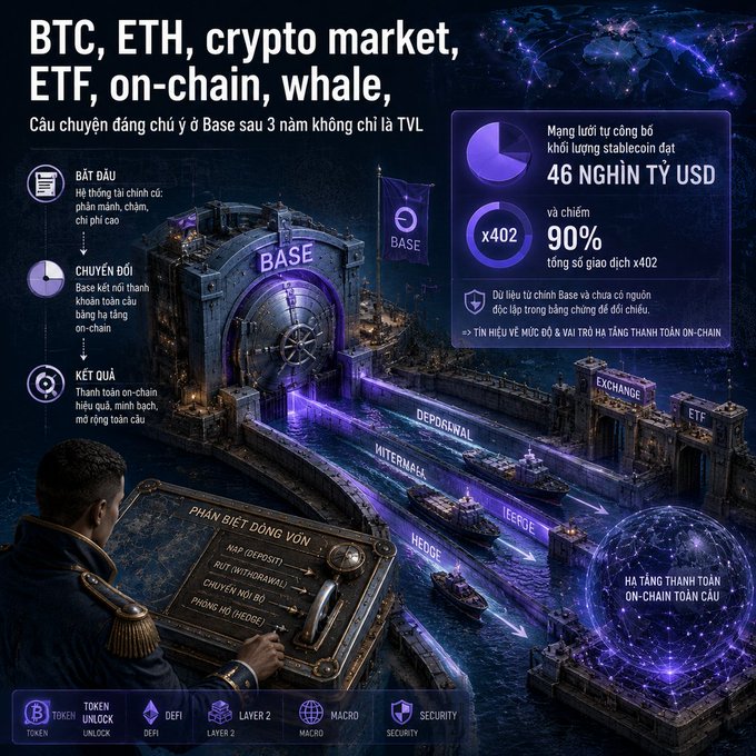 An infographic titled 'BTC, ETH, crypto market, ETF, on-chain, whale,' detailing Base stablecoin ecosystem stats in Vietnamese, highlighting '46 NGHÌN TỶ USD', 'x402 90%', and on-chain flows across Deposit, Withdrawal, Hedge, Exchange, and ETF sectors.