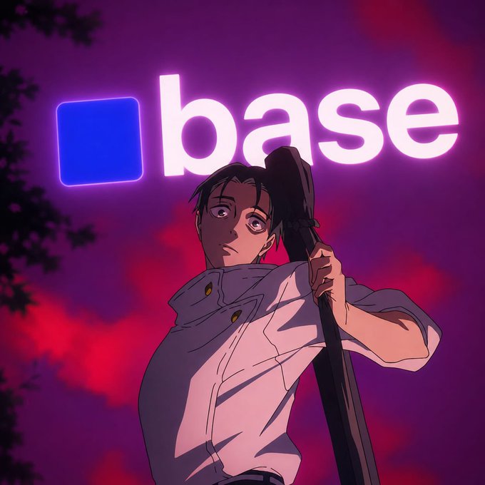 An anime-style illustration of a male character with a staff standing in front of a glowing purple 'base' logo against a red sky background.