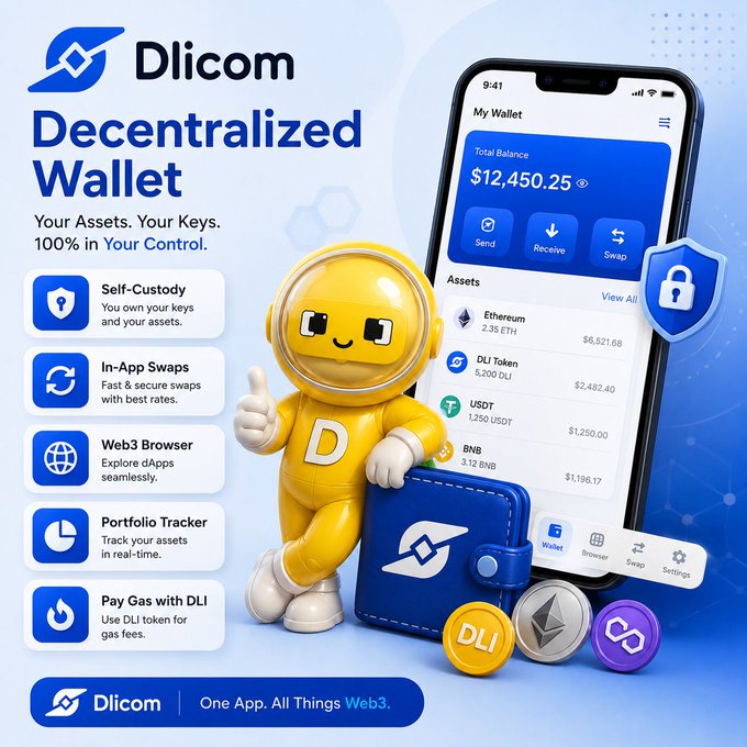 A promotional graphic for Dlicom's decentralized wallet featuring a yellow astronaut mascot holding a branded wallet, alongside a smartphone displaying the app interface with a $12,450.25 total balance and assets including Ethereum (2.35 ETH, $6,521.58), DLI Token (5,200 DLI, $2,482.40), USDT (1,250 USDT, $1,250.00), and BNB (3.12 BNB, $1,186.17), with highlighted features like self-custody, in-app swaps, Web3 browser, portfolio tracking, and gas payment via DLI token.