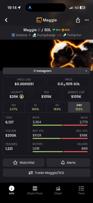 Mobile screenshot of the Maggie/SOL memecoin on PumpSwap showing a price of $0.0001051, $105K FDV, and 163% gains across 1H, 6H, and 24H.