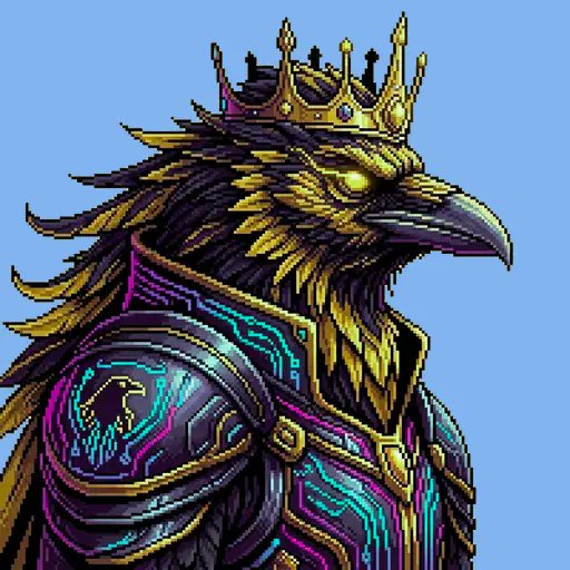 Pixel art of a crowned, armored raven or crow warrior with glowing yellow eyes and glowing cyan circuit-like patterns on its purple and gold armor, set against a light blue background.
