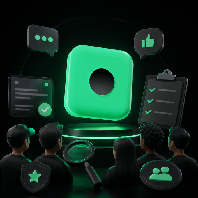 A 3D illustration showing people gathered around a glowing green app icon, surrounded by speech bubbles, a clipboard, and a magnifying glass, symbolizing app analysis and user feedback.