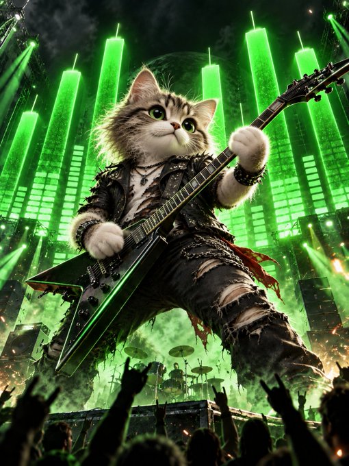 A digital artwork depicts a fluffy cat dressed in heavy metal attire, playing a green electric guitar on a stage with bright green lights and a cheering crowd.