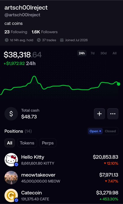 The image shows the portfolio profile of "artsch00lreject" (@artsch00lreject) displaying a portfolio value of $38,318.64 with a $1,972.92 gain in 24h, featuring a "cat coins" theme with positions in Hello Kitty ($KITTY, $20,853.83), meowtakeover ($MEOW, $7,971.13), and Catecoin ($CATE, $3,279.98 up 453.30%), directly showcasing the cat-themed meme coin holdings promoted in the accompanying post.