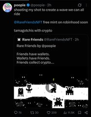 A screenshot of a social media post showing pixel art characters resembling 'Rare Friends' from the game Webkinz, with text including '@RareFriendsNFT', '@poople', and 'shooting my shot to create a wave we can all ride'.