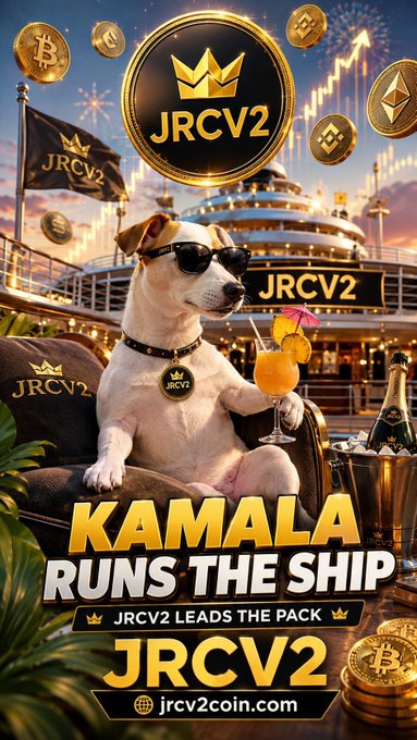 This image promotes "JRCV2" with a Jack Russell Terrier named Kamala, stating "Kamala Runs the Ship" and "JRCV2 Leads the Pack" with the website jrcv2coin.com visible. The image visually represents this with the dog lounging luxuriously on a ship.