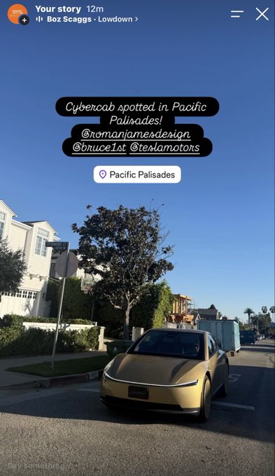 An Instagram Story screenshot shows a gold-colored Tesla Cybercab spotted on a residential street. The overlaid text reads 'Cybercab spotted in Pacific Palisades!', tagging '@romanjamesdesign' and '@bruce1st @teslamotors', with a location tag for 'Pacific Palisades.'