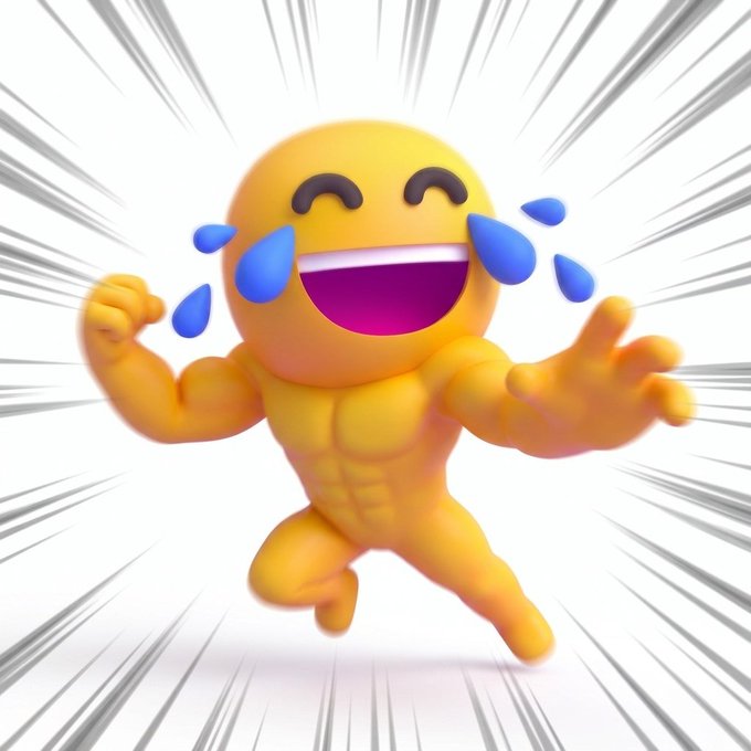 A 3D-rendered yellow emoji character with a muscular, humanoid body is shown laughing with tears of joy, set against a white background with black radiating action lines.