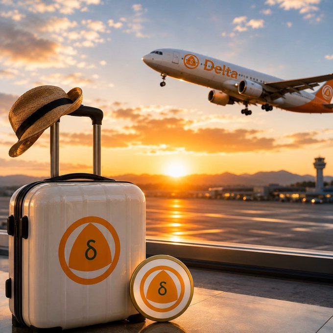 A white suitcase adorned with a "Delta" logo and matching circular emblem sits beside a straw hat on a tarmac, while a Delta airplane descends against a sunset sky. The image symbolizes travel and adoption, reinforcing the message that like Delta's widespread acceptance as a trusted airline, currencies gain value through mass adoption and everyday use by people.