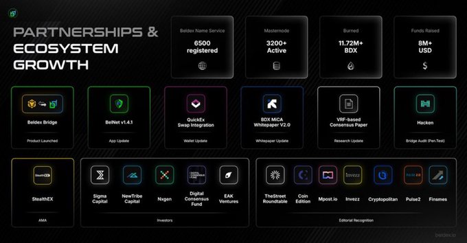 An infographic titled 'PARTNERSHIPS & ECOSYSTEM GROWTH' for beldex, showing metrics like 6500 BNS registered, 3200+ masternodes, 11.72M+ BDX burned, and 8M+ USD raised, alongside partners including Beldex Bridge, BeNFT, QuickEx, BDX MICA, Hacken, Sigma Capital, and TheStreet Roundtable.