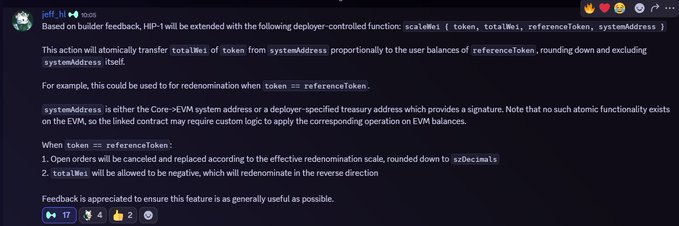 A Discord message from user "jeff, hi" announces that HIP-1 will be extended with a new deployer-controlled function called `scaleWei`, which atomically transfers `totalWei` of a token from the systemAddress proportionally to user balances of a reference token. The post explains how this enables native on-chain functionalities like dividends, airdrops, and stock splits/reverse splits by allowing tokens to be redistributed proportionally to holders of another token.