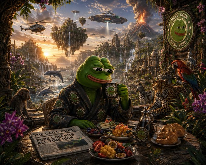 A vibrant, surreal digital artwork of Pepe the Frog in a robe sitting at a breakfast table, with the headline 'THE DAILY PEPE: PEPE COIN HITS ALL TIME HIGH', surrounded by jungle scenery, flying saucers, and a 'RARE PEPE' sign.