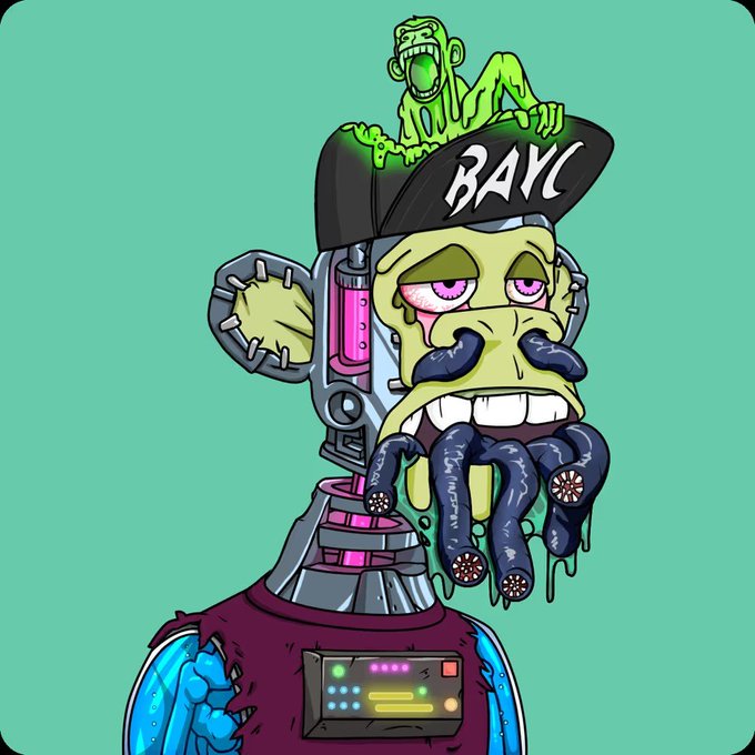 A cartoon illustration of a grotesque, green, mutated character with tentacles for a beard, wearing a 'BAYC' cap, resembling a Bored Ape NFT.