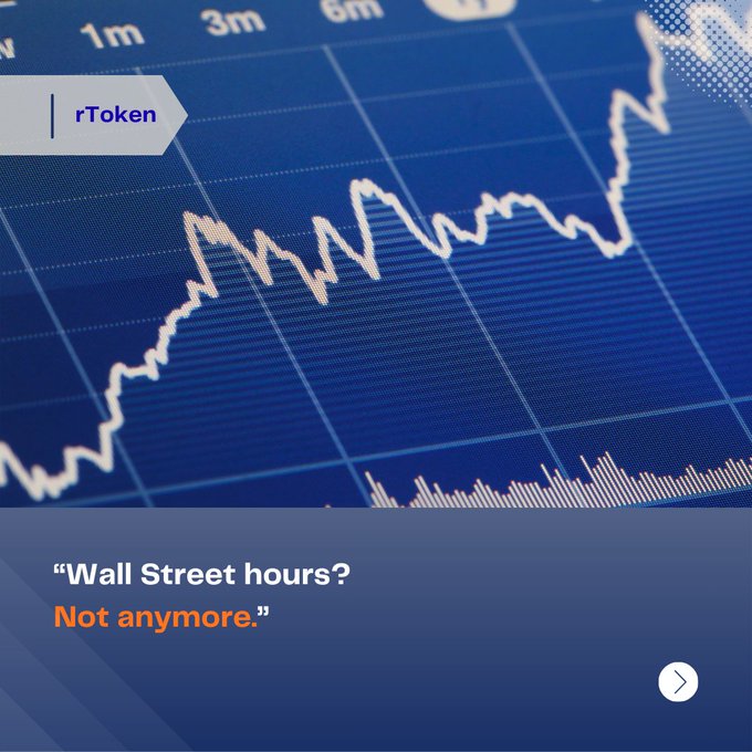 A blue-toned stock chart showing an upward trend, labeled 'rToken,' with the tagline 'Wall Street hours? Not anymore.'
