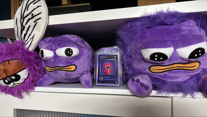 Two purple Pokémon plush toys flank a Pokémon trading card displayed on a white shelf.