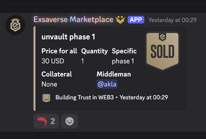 A Discord message from 'Exsaverse Marketplace APP' showing an 'unvault phase 1' listing marked as SOLD, priced at 30 USD, quantity 1, specific to phase 1, with no collateral and middleman @akla.