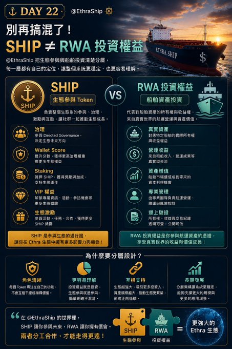 An infographic in Chinese comparing SHIP (a participation token) with RWA (Real World Asset) investment rights for the EthraShip project, marked as DAY 22.