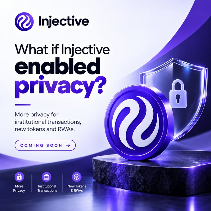 A purple-themed Injective promotional graphic asking "What if Injective enabled privacy?" with a "COMING SOON" button and icons for More Privacy, Institutional Transactions, and New Tokens & RWAs.