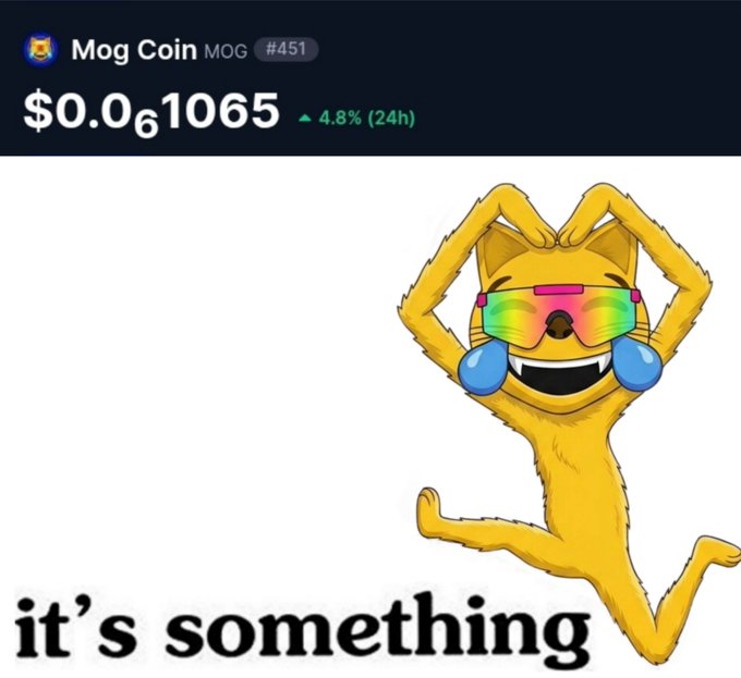 A crypto price tracker displays "Mog Coin MOG #451" at $0.0₆1065, up 4.8% in 24 hours, alongside the popular smiling yellow cat meme in rainbow sunglasses, with the caption "it's something"—visually reinforcing the post's lighthearted commentary on MOG's resilient $41M market cap and multi-chain activity.