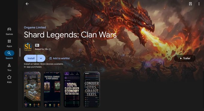 The image shows the Google Play Store listing for "Shard Legends: Clan Wars" by Ongame Limited, featuring dramatic artwork of a fire-breathing dragon and tagline text like "Conquer Cities, Collect Taxes." The visually striking gameplay preview ties directly to the post's promotion of an attractive "Play to Earn" mobile game available on Google Play.