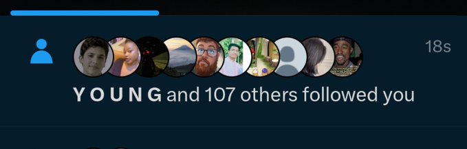 A social media notification shows that "YOUNG and 107 others followed you," with a row of overlapping profile pictures and a timestamp of 18 seconds, illustrating the engagement used to promote the $50 follower-for-follow deal described in the post.