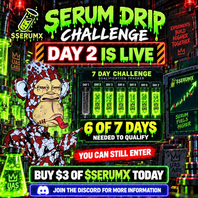 A promotional graphic for the "SERUM DRIP CHALLENGE" featuring a cartoon monkey in a checkered outfit, showing "DAY 2 IS LIVE" and "6 OF 7 DAYS NEEDED TO QUALIFY" with $SERUMX and UAS LABS branding.