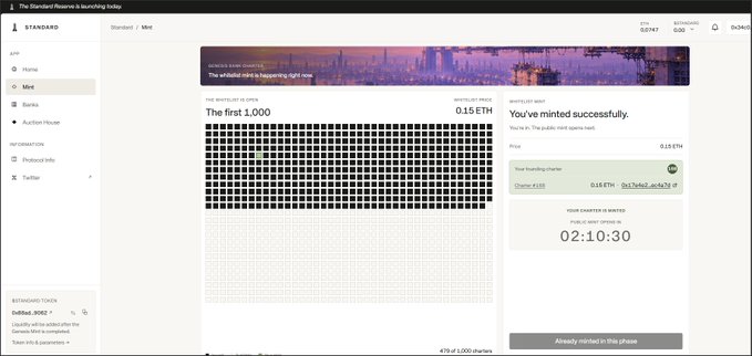A screenshot of 'The Standard Reserve is launching today' webpage showing a minting interface for 'The first 1,000' NFTs with 0.15 ETH and a countdown timer at 02:10:30.