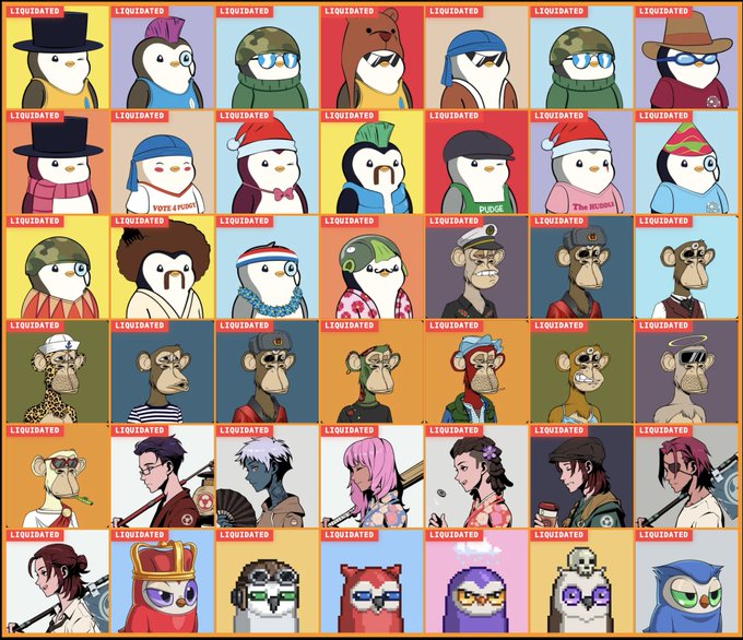 The image contains a grid of square boxes, each containing an illustration or photo of someone wearing a hat. The title "42 NFTs liquidated in 7 days just from Pudgys (18), Apes (11), Azuki (7) and Moonbirds (6)" is displayed at the bottom, providing context to the collection of images. There are also two numbers present in the image: 42, which could be the number of photos or the total count of NFTs in the collection; and 7, representing the days that have passed since the listing was created. The images include Pudgys, Apes, Azuki, and Moonbirds, each with their unique hats, giving a sense of diversity to the collection.
