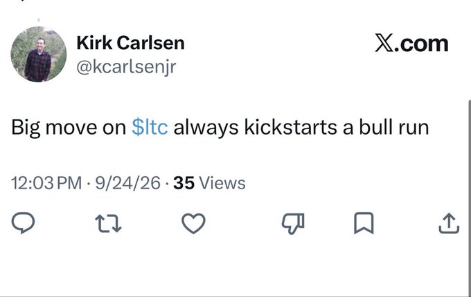 A screenshot of a tweet from Kirk Carlsen (@kcarlsenjr) on X.com reads, "Big move on $ltc always kickstarts a bull run," posted at 12:03 PM on 9/24/26 with 35 views. The tweet references Litecoin ($LTC), tying into the caption's playful "two wolves" line about cryptocurrency market movements.