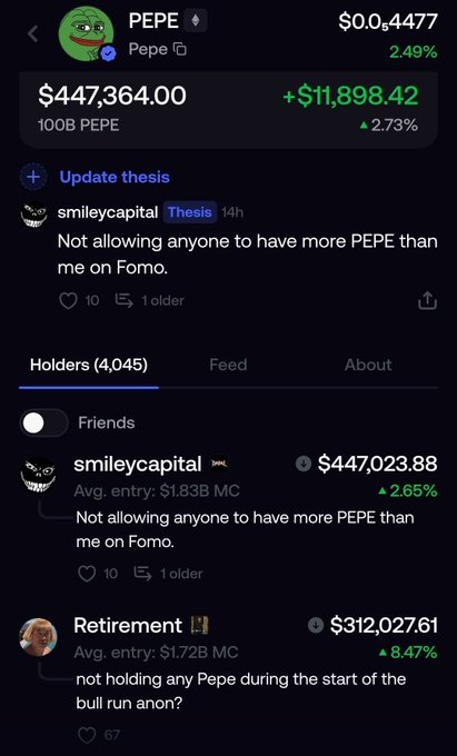 A mobile interface displays the PEPE cryptocurrency ticker at $0.0004477, showing a market cap of $447,364.00 with a 2.73% gain. The "Holders" tab reveals that "smileycapital" holds the largest bag at $447,023.88 with an average entry of $1.83B MC, accompanied by their thesis: "Not allowing anyone to have more PEPE than me on Fomo." This supports the poster's claim of hitting seven figures on PEPE for a second cycle, suggesting they may be referencing this top holder's continued conviction.