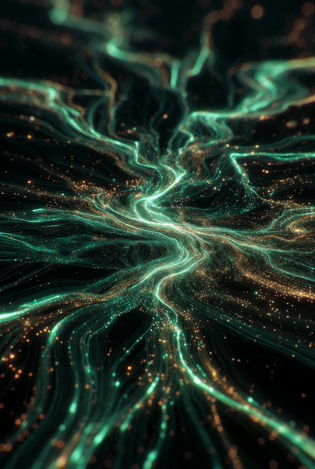 An abstract digital artwork showing glowing teal and gold particle streams flowing like rivers through a dark void, creating a cosmic or neural network effect.