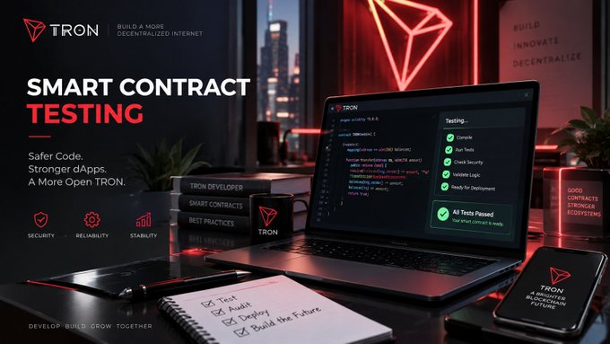 A TRON-branded promotional graphic titled 'SMART CONTRACT TESTING' with tagline 'Safer Code. Stronger dApps. A More Open TRON.' featuring a laptop showing code with green checkmarks for Compile, Run Tests, Check Security, Validate Logic, and Ready for Deployment.