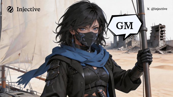 An anime-style masked warrior in black tactical gear and a blue scarf stands in a desert wasteland, holding a staff alongside a "GM" speech bubble. The Injective logo and "@injective" handle appear in the top corners, tying the post's "GM weekend trench warriors" greeting to the brand's call to "build and win."