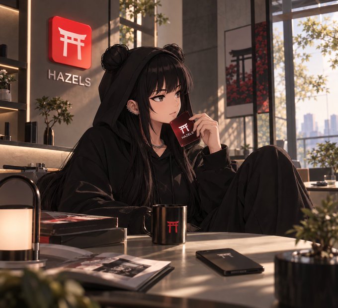 An anime-style illustration of a woman with black hair in buns, wearing black, holding a 'HAZELS' card, seated at a table with a 'HAZELS' mug, beside a 'HAZELS' logo.