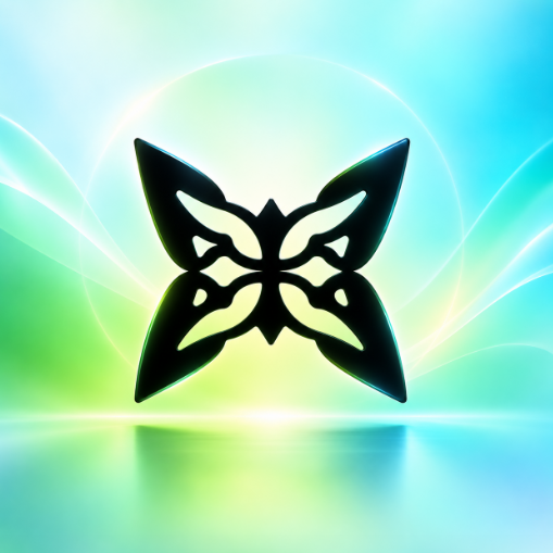 A stylized black butterfly logo with symmetrical tribal-style cutouts against a glowing green and blue gradient background.