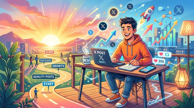 An illustration of a young man in an orange hoodie sitting at a desk with a laptop labeled 'X POST X (WIP),' surrounded by floating X logos, growth charts, and inspirational signs like 'START,' 'SUCCESS,' and 'QUALITY POSTS' against a sunrise backdrop.