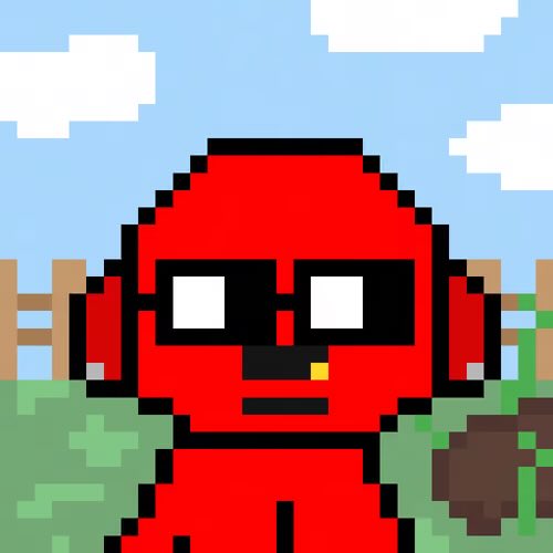 A pixel art depiction of a red figure with sunglasses, holding a brown object against a pixelated sky and grass background, with a censored bar over its mouth.